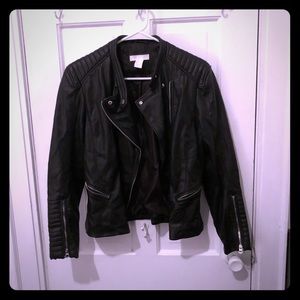 Black faux leather moto jacket.